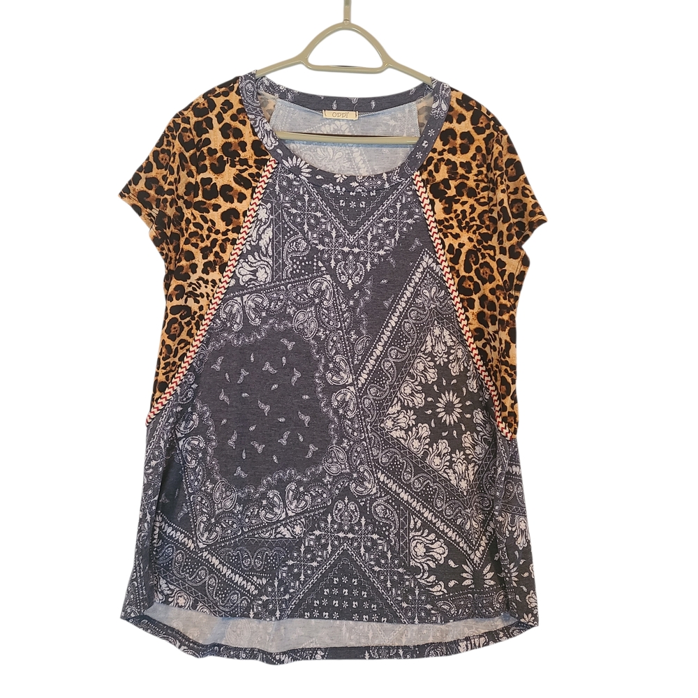 ODDY Leopard and Bandana Print Short Sleeve Top High/Low Hem Size 1X